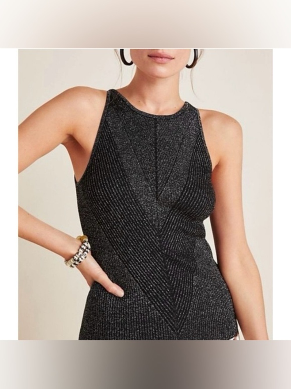 +Anthropologie - Gemma Ribbed Tank in black silver glitter. 1X - Picture 2 of 10